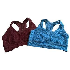 2 Delta Burke Lacy Bralettes in Blue and Maroon w/ Cross Back L